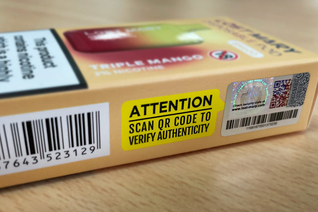 Manufacturer verification sticker on a disposable vape package