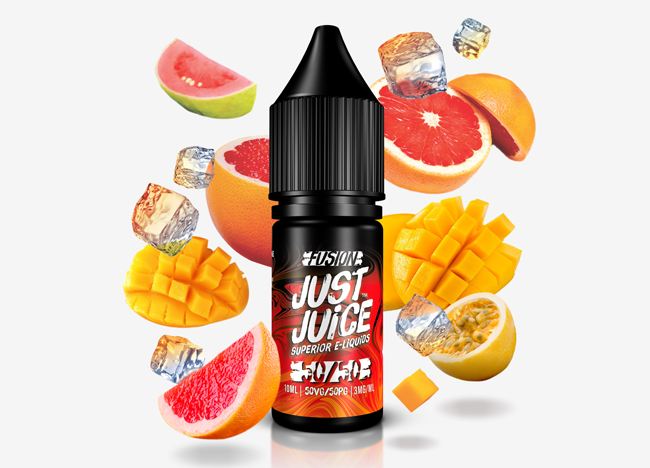 Bottle of Just Juice e-liquid surrounded by fruit.