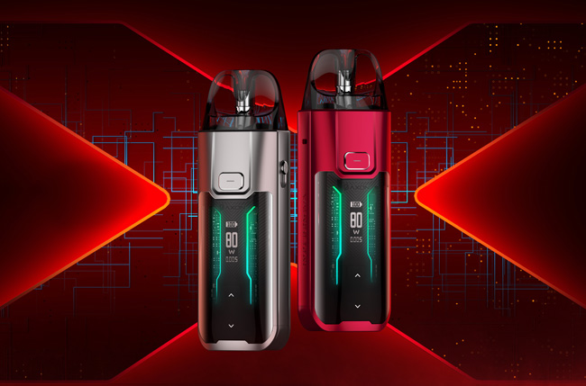 2 Vaporesso Luxe XR Max devices on a red, illuminated background