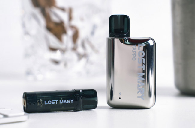A silver Lost Mary Tappo vape device.